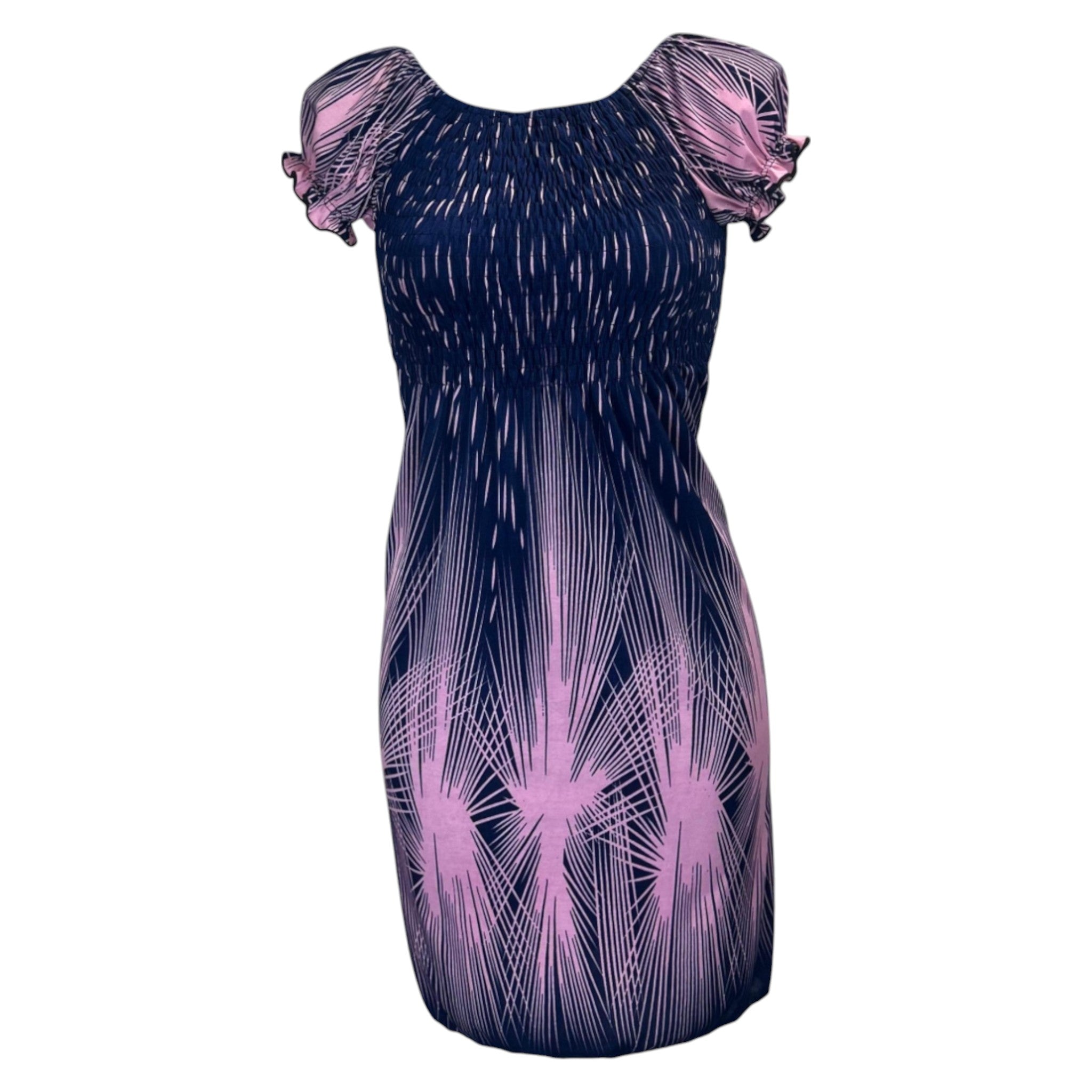 Women's navy and pink tropical print summer dress with flutter sleeves – lightweight casual beachwear outfit